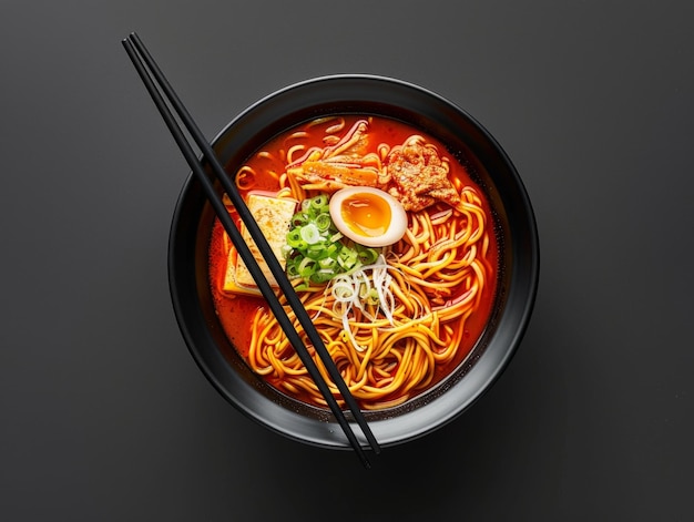 Photo a top view of a traditional asian dish on a black bowl with two chopsticks bright tonality