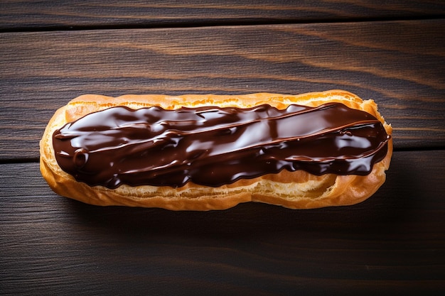 Top view of traditional french eclair decorated with milk chocolate on a wooden surface