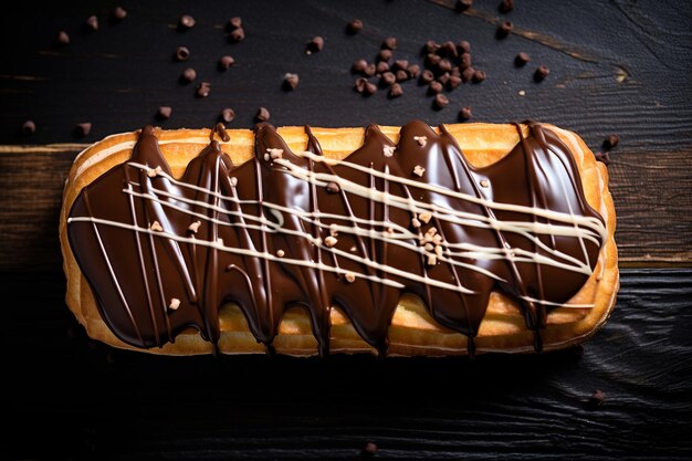 Top view of traditional french eclair decorated with milk chocolate on a wooden surface