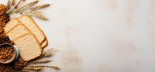 Top view of traditional jewish passover food on table with copy space