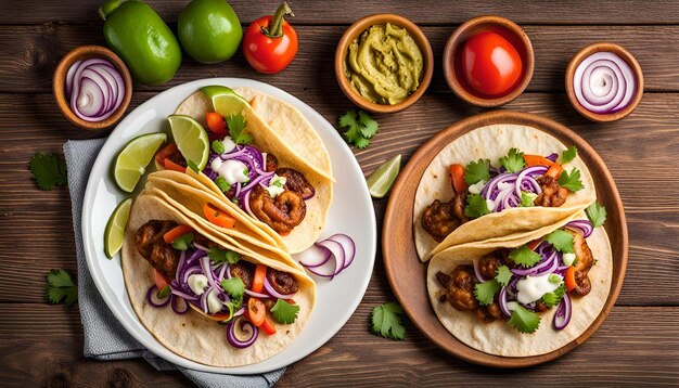 Top view of traditional mexican food tacos with vegetables on a plate on wood