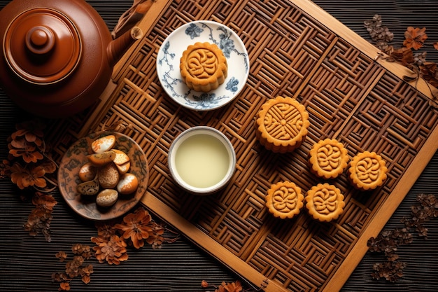 Top view of traditional moon cakes tea pot and cups on table