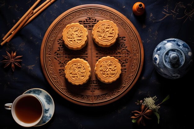 Top view of traditional moon cakes tea pot and cups on table