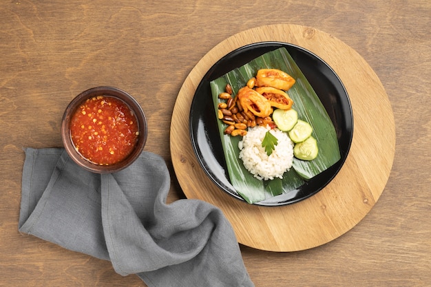 Top view traditional nasi lemak meal composition