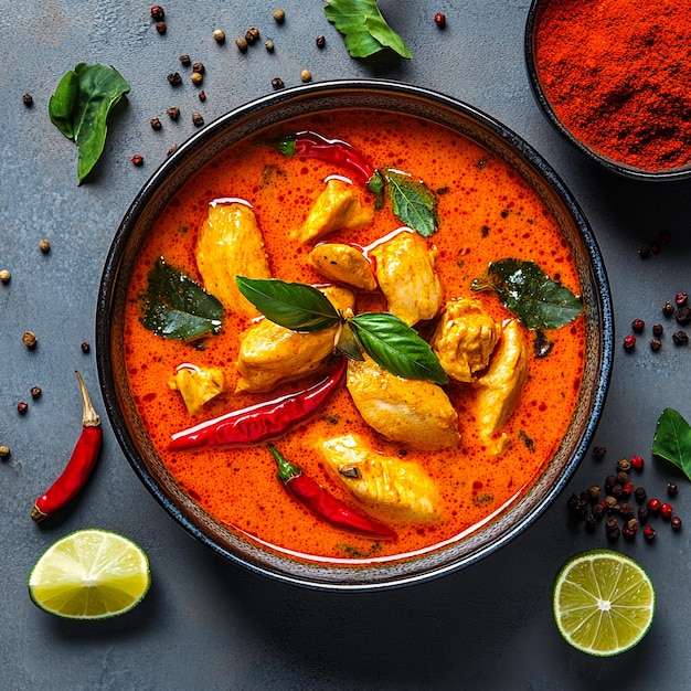 Photo top view of traditional thai red curry with chicken and rice garnished with fresh lime and herbs