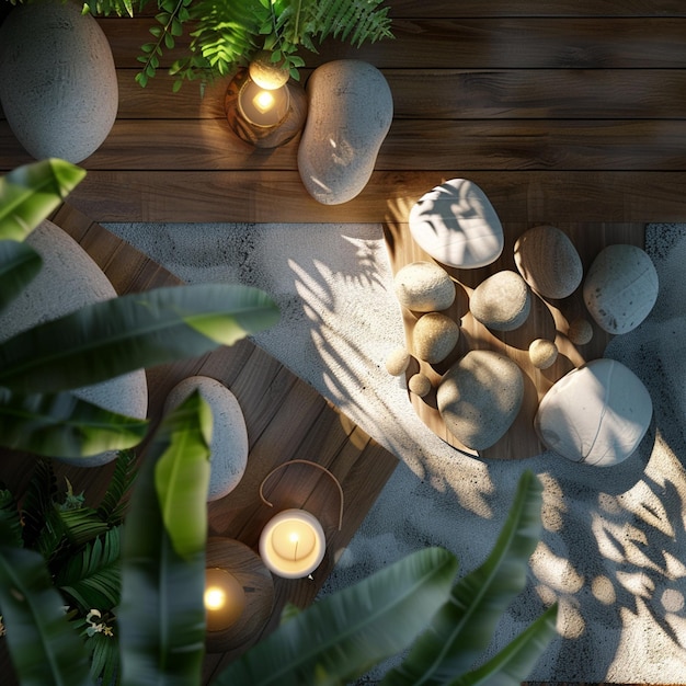 Photo top view of a tranquil spa setting with candles stones and natural elements meticulously arranged