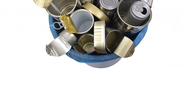 Top view of trash can (tin can food and drink) full of cans on white