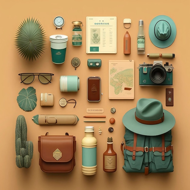 Top view travel concept with Travel accessories prepared for the trip Tourist essentials