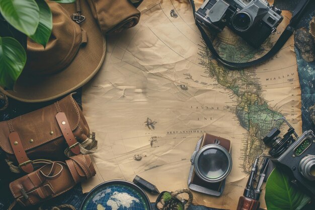 Top view of travel photos with adventure essentials