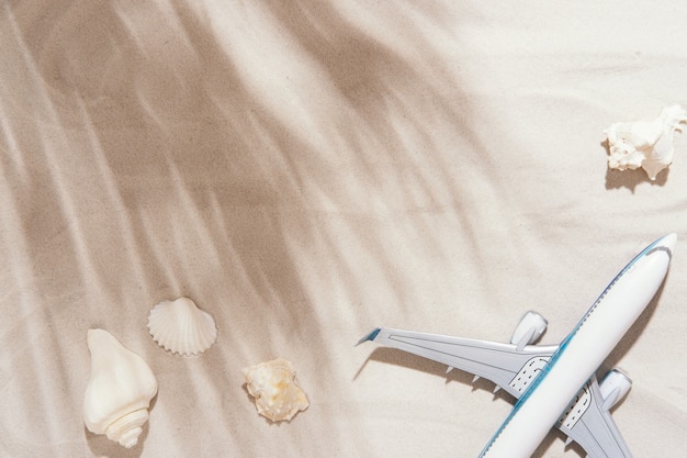 Top view of traveler background on tropical sand shells and airplane