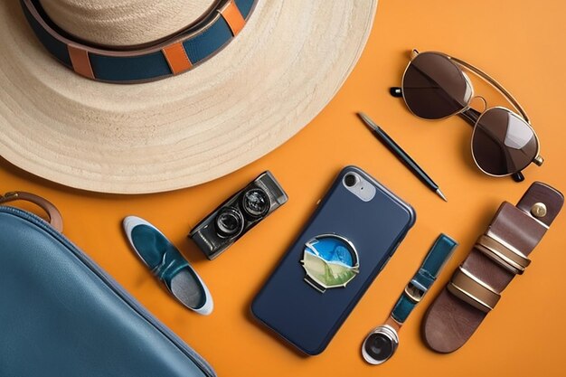 Photo top view of travelers accessories flat lay photography of travel concept