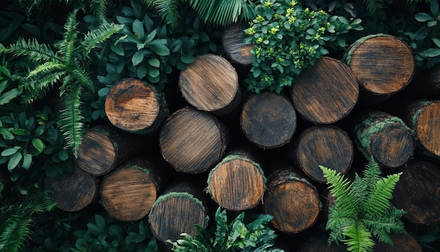 Photo a top view of tree logs and plants symbolizing the concept of environmental conservation