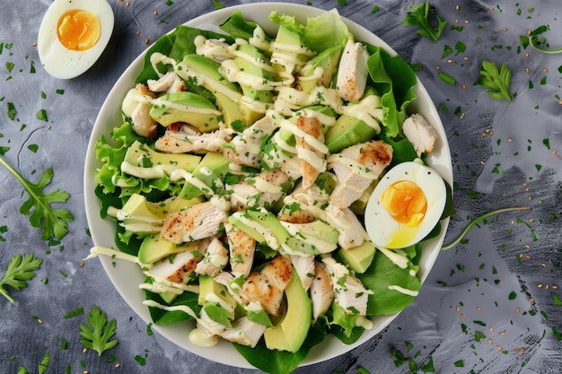 Photo top view of trendy bound salad with lettuce leaves avocado and chicken egg and mayonnaise sauce