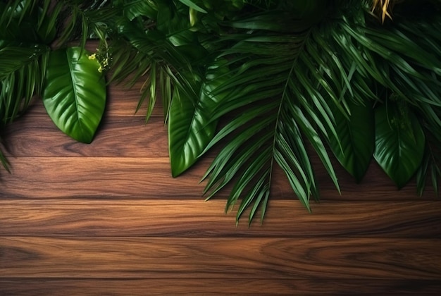 Top view of tropical leaves on wooden table for background generative ai