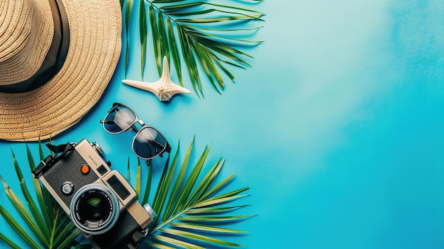 Photo a top view tropical summer background with a beach hat sunglasses and camera on a blue background