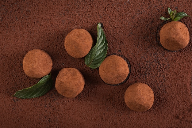 Top view truffles with cocoa powder