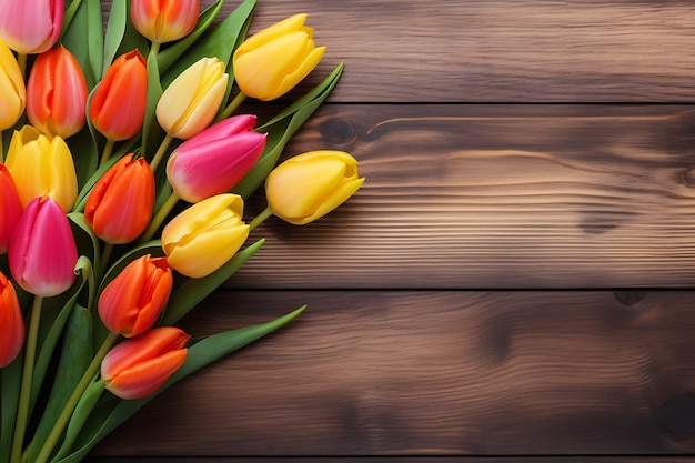 Top view of tulips bouquet on wooden table