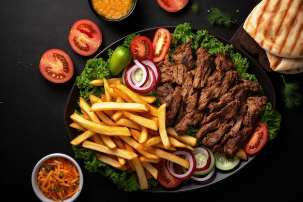 Top view of Turkish Doner kebab or gyros with fries veggies and salad on a plate Dark background