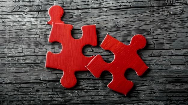 Photo top view of two jigsaw puzzle pieces with red colour concept of business solution teamwork concept c