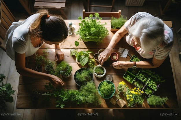 Top view of unrecognizable senior mother with adult daughter indoors at home planting herbs