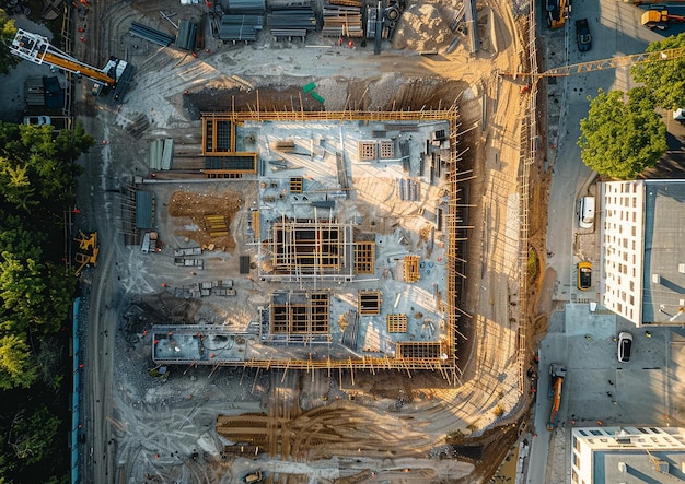 Top view of an urban infrastructure construction site with detailed civil engineering plans