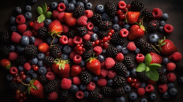 top view of a variety of berries including raspberries and blueberries