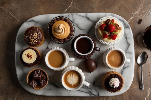 Photo top view of a variety of coffee and chocolate desserts on a marble table