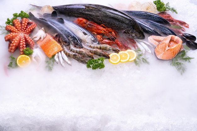 Top view Variety of fresh luxury seafood  on ice background with icy smoke in seafood market