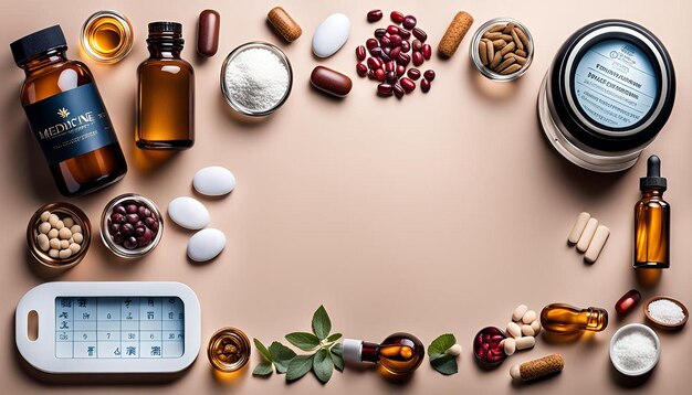 Photo top view variety of medicine on the table