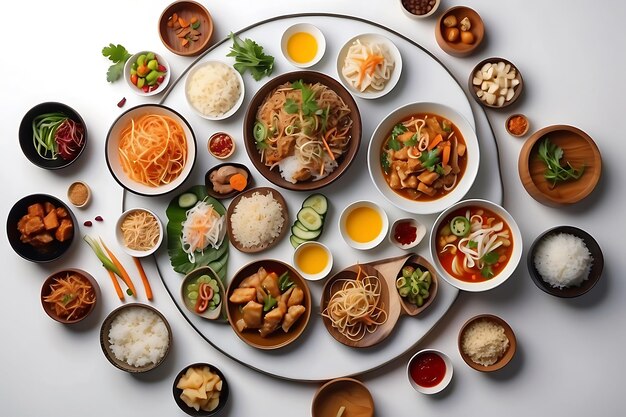 A top view of various Asian spices and seasonings on a white background