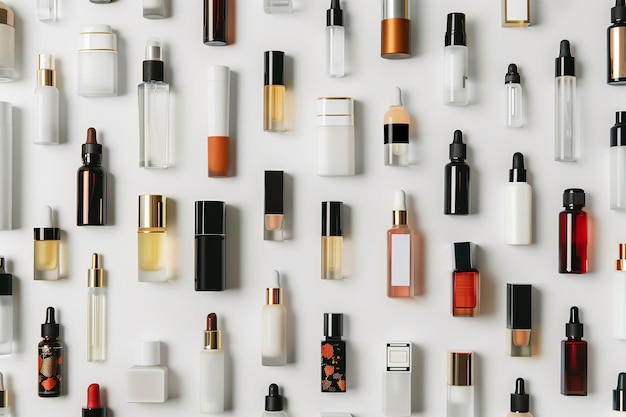 Top view of various beauty product bottles neatly arranged showcasing diversity in packaging