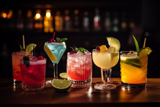 Top view of various cocktails on a white table