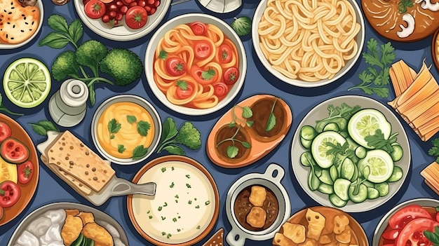 Top view of various foods as culinary concept background illustration