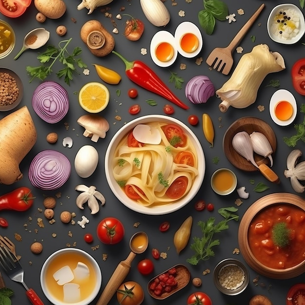 Top view of various foods as culinary concept background illustration