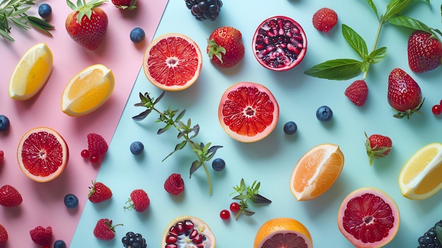 Top view of various fresh fruits and berries Grapefruit orange lemon strawberry raspberry blueberry