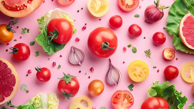 Top view of various fresh organic vegetables and fruits arranged on a pink background