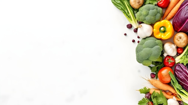 Top view of various fresh vegetables and herbs with copy space for text