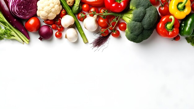 Top view of various fresh vegetables and herbs with copy space for text