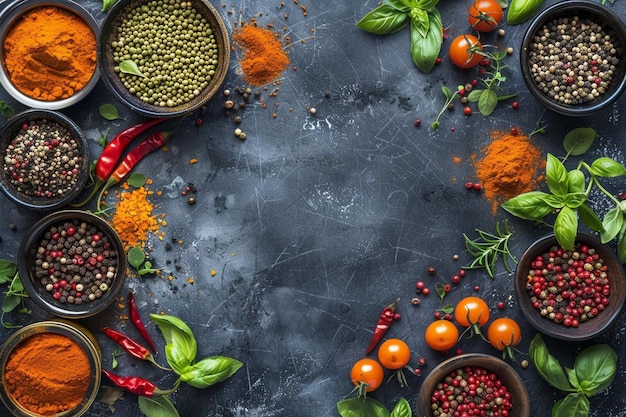 Top view of various indian spices and seasonings on a table