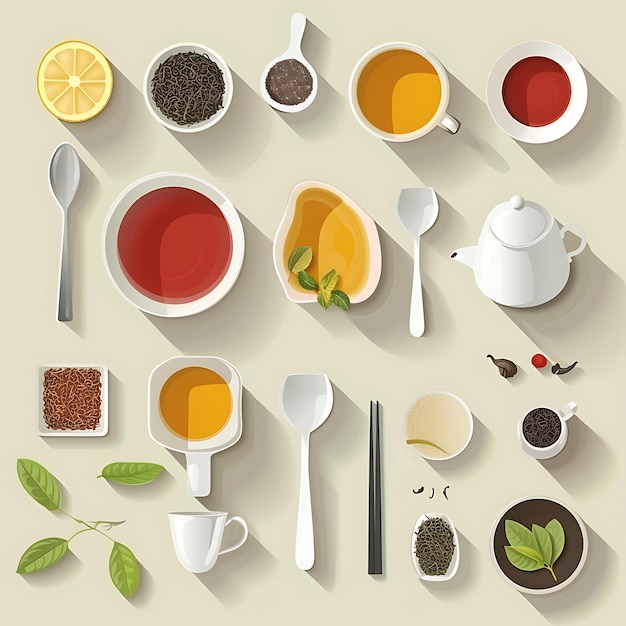 Photo top view of various tea items teacups tea leaves spoons and a teapot perfect for food blogs websites and social media