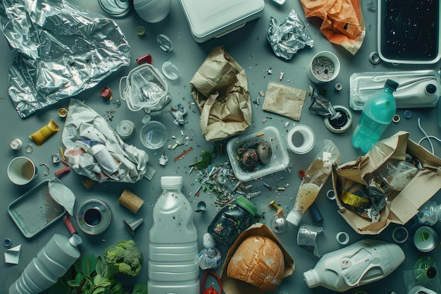 Top view of various trash items laid in minimal compositionwaste sorting and recycling concept