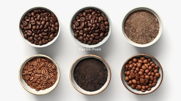 Top view of various types of coffee in bowls