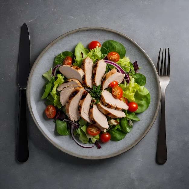 Top view vegetable chicken salad inside plate on grey diet health salad