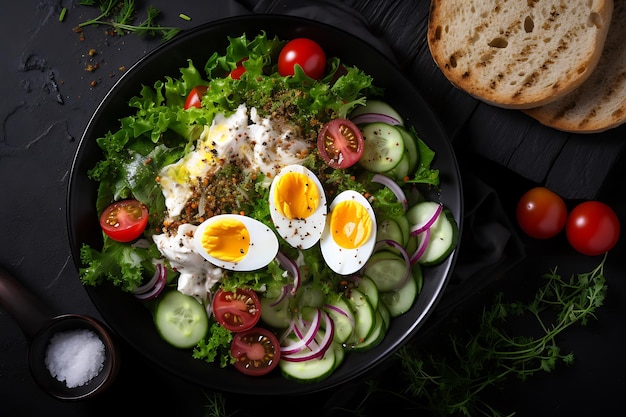 A top view vegetable salad with chicken slices and bread on the green table