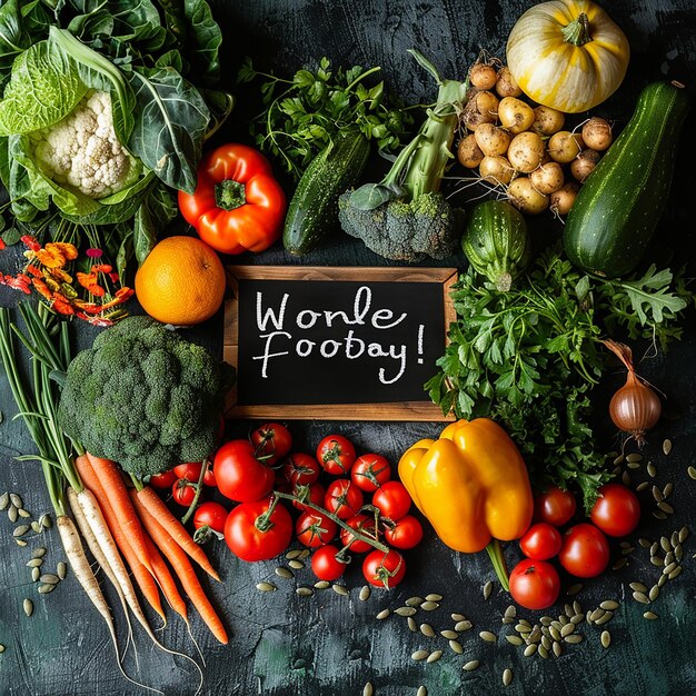 Photo top view vegetables and seeds arrangement sign display