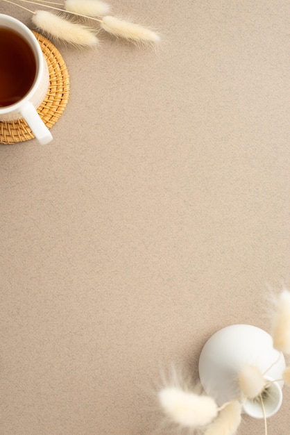 Top view vertical photo of vase with white lagurus flowers and cup of tea on rattan serving mat on beige background with empty space