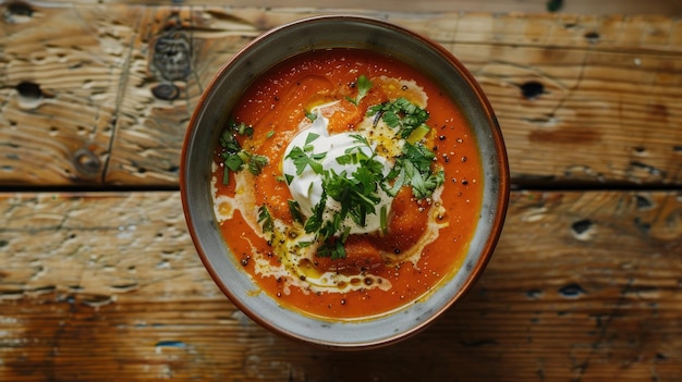 Photo top view of a vibrant bowl of carrot ginger soup garnished with a dollop of sour cream and a sprinkle of fresh herbs on a wooden table