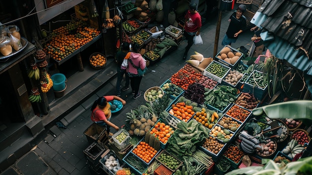 Top view of a vibrant local market with fresh fruits and vegetables