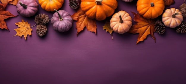 Top view of vibrant orange pumpkins and autumn leaves on a purple surface a picturesque harvest scene perfect for fall themed designs