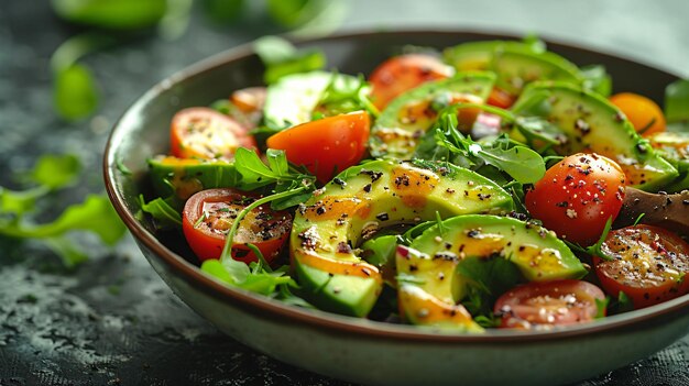 Top view of a vibrant salad featuring avocado slices mixed greens cherry tomatoes on the table